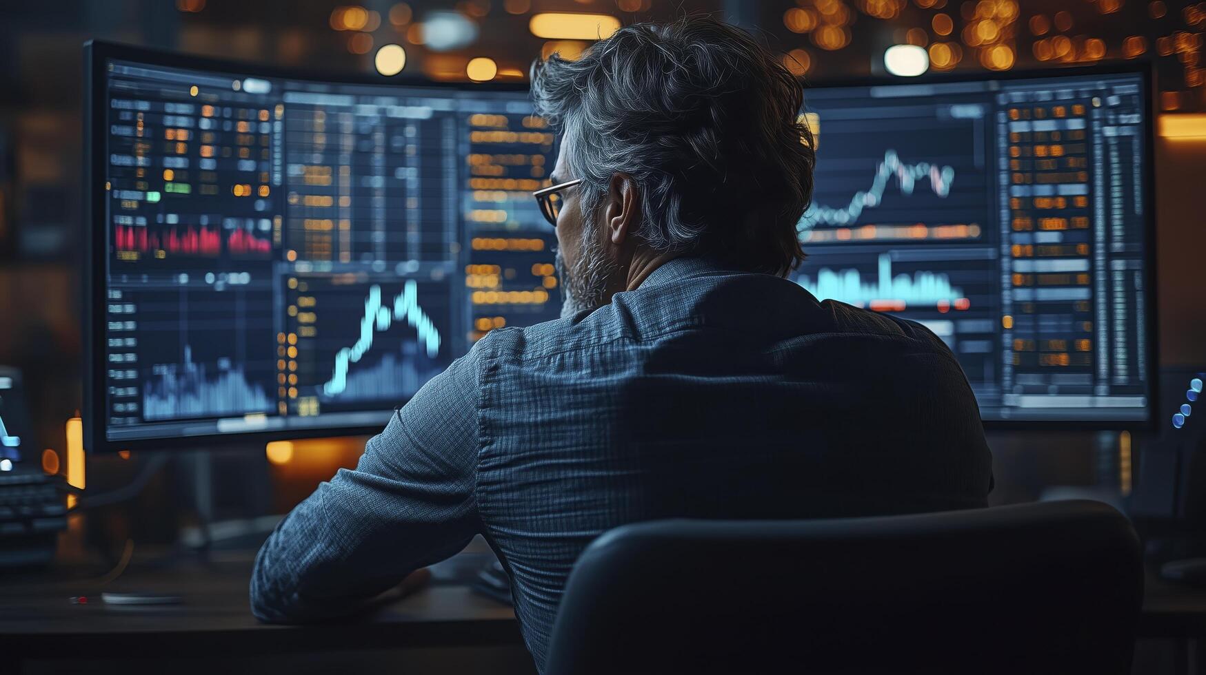Financial analyst is working late, analyzing stock market data on multiple computer screens in a dark office photo