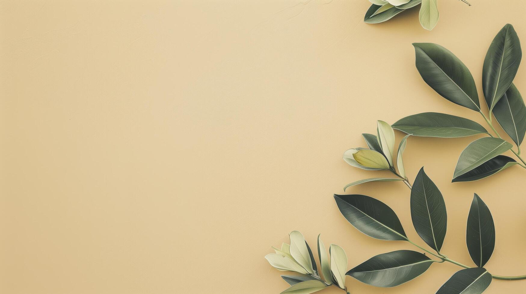 Minimalist style green leaves framing a beige background with copy space photo