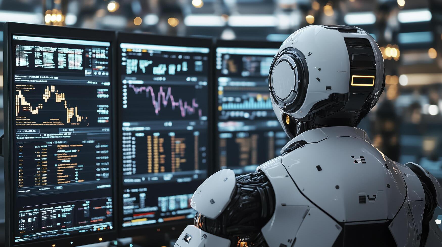 Robot stock trader is using data from multiple monitors and complex algorithms to make investment decisions photo