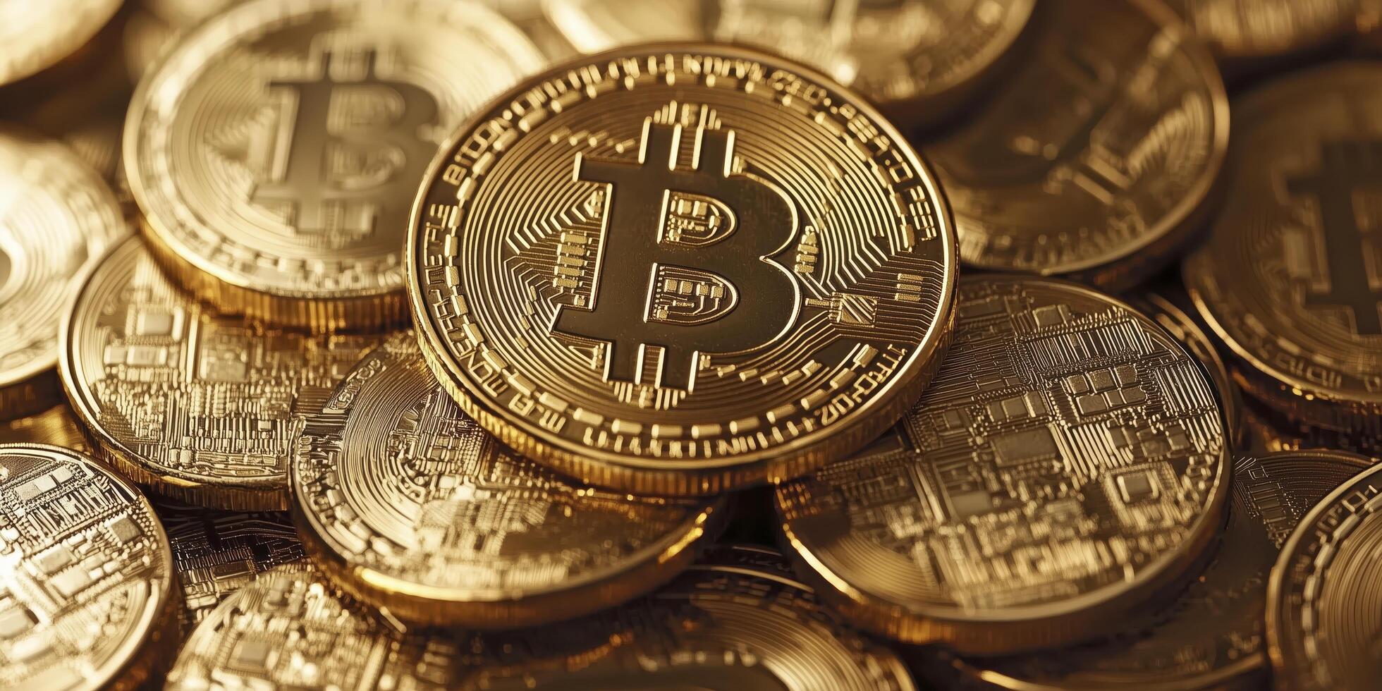 Close-up of shiny gold bitcoin on stack symbolizing financial success and blockchain technology. Shows value and potential of cryptocurrency in modern market photo