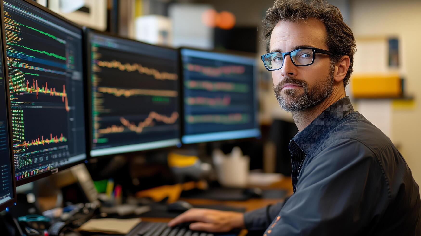 Trader analyzes charts on three screens in a busy office, focusing on stock market details for financial success photo