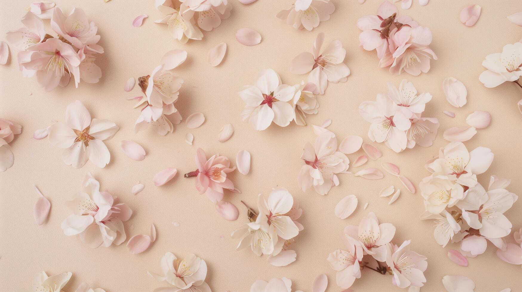 Beautiful spring floral composition with pink peach flowers on beige background, top view, flat lay, minimal concept photo