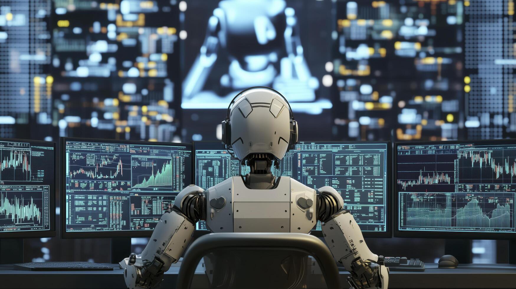 Robot is sitting in front of multiple computer screens, monitoring stock market data and analyzing trends photo