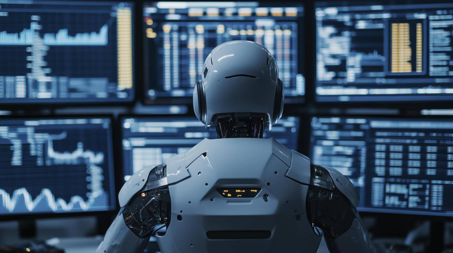 Ai robot is analyzing big data on multiple computer screens, showcasing the future of finance and technology photo