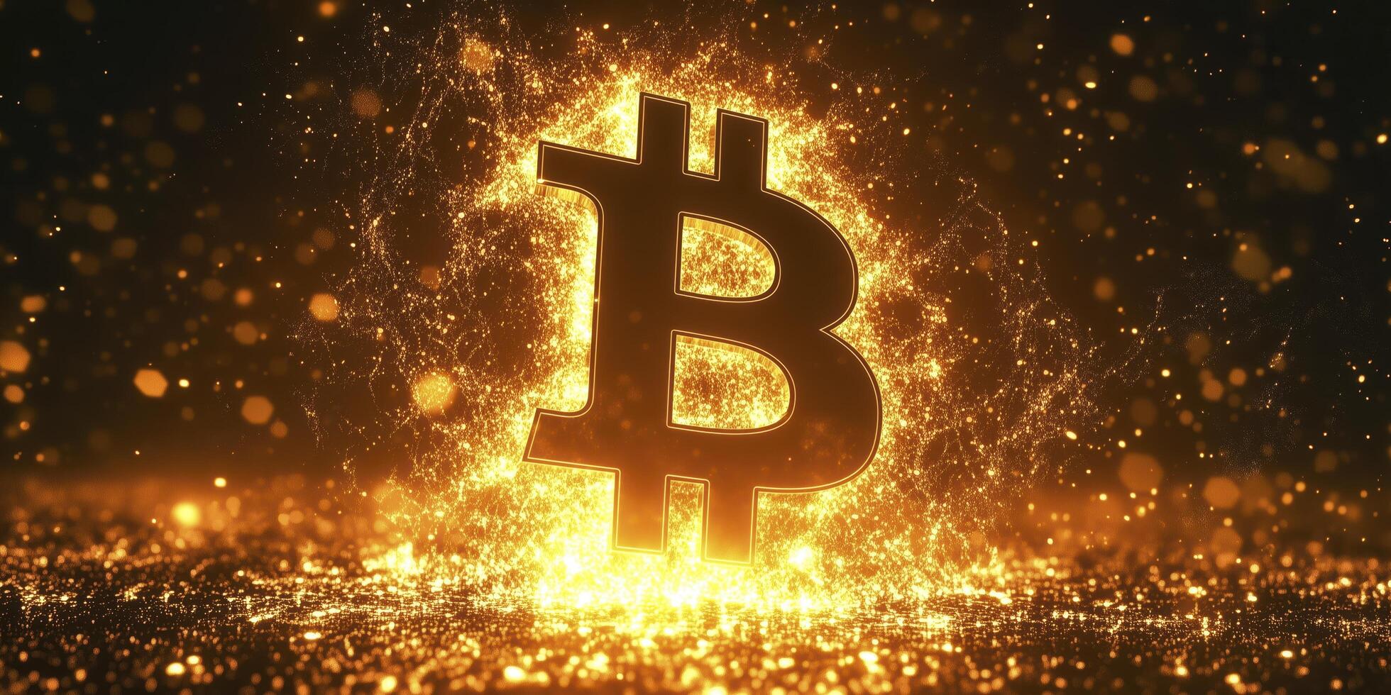Mesmerizing bitcoin symbol bursts into golden particles on a black background, symbolizing finance and technology. Perfect for concepts related to cryptocurrency and blockchain photo