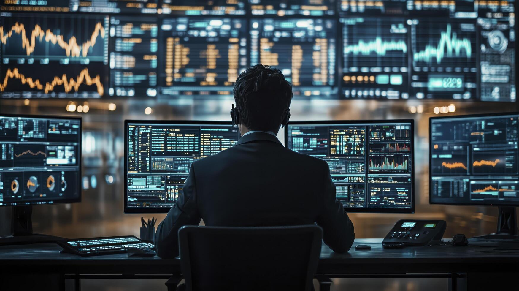 Late-night financial analyst wearing a headset surrounded by multiple computer screens filled with financial data photo
