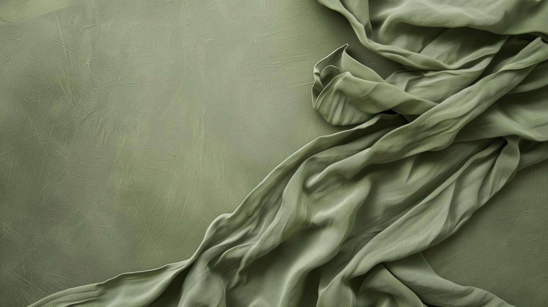 Soft and delicate green fabric flowing on a textured surface, creating an elegant background with ample copy space photo