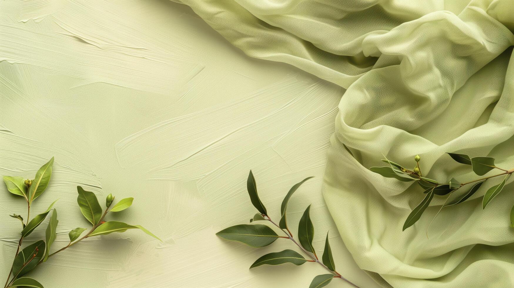 Green textile background with eucalyptus branches and space for branding, packaging, or mockups photo