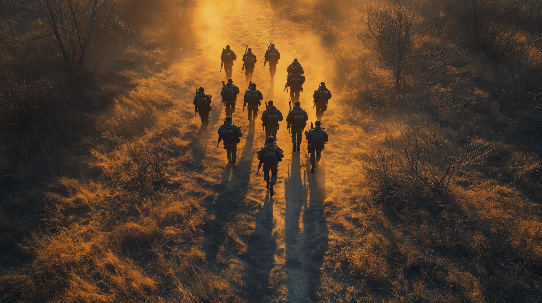 Military platoon marches across a desolate desert terrain as the sun sets, creating elongated shadows photo