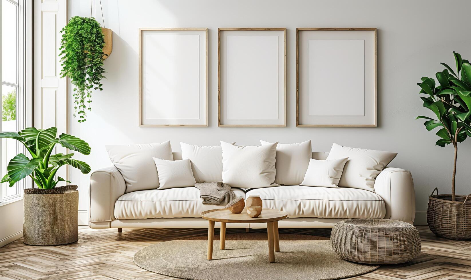 Simple and cozy living room interior with a white sofa and three empty frames on the wall, showcasing minimalist design photo