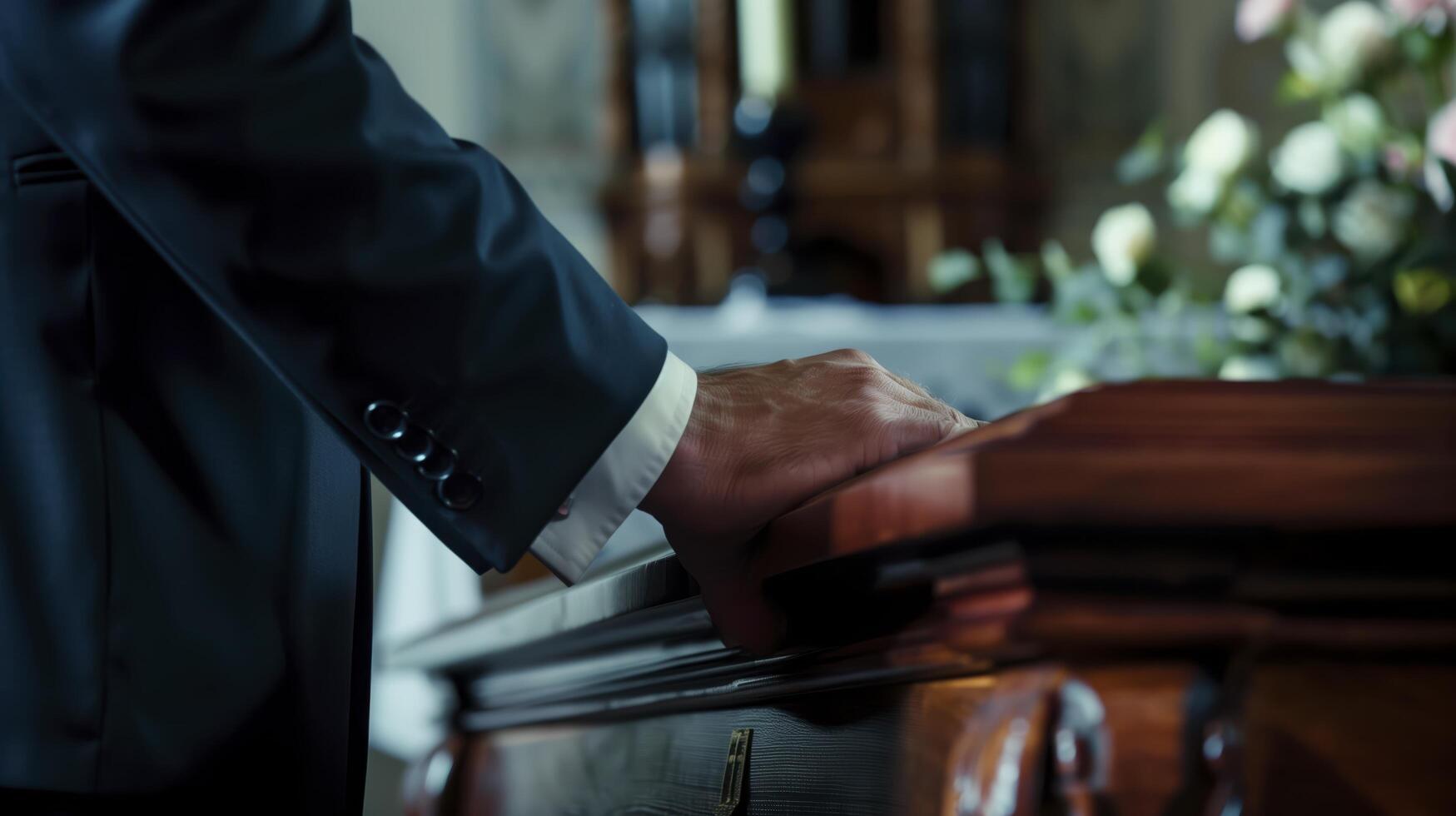 Mourner wearing a suit is paying his respects with his hand resting on a coffin during a funeral photo