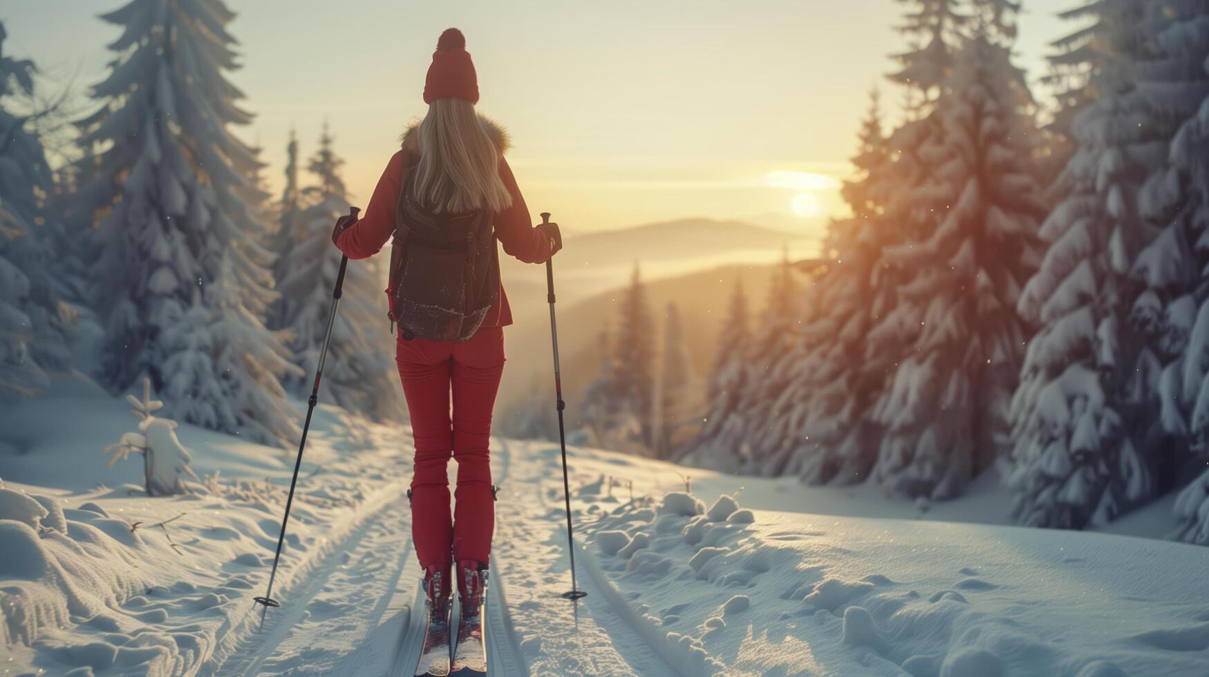 Woman gracefully skiing through a snowy forest at sunset, savoring the tranquil natural beauty photo