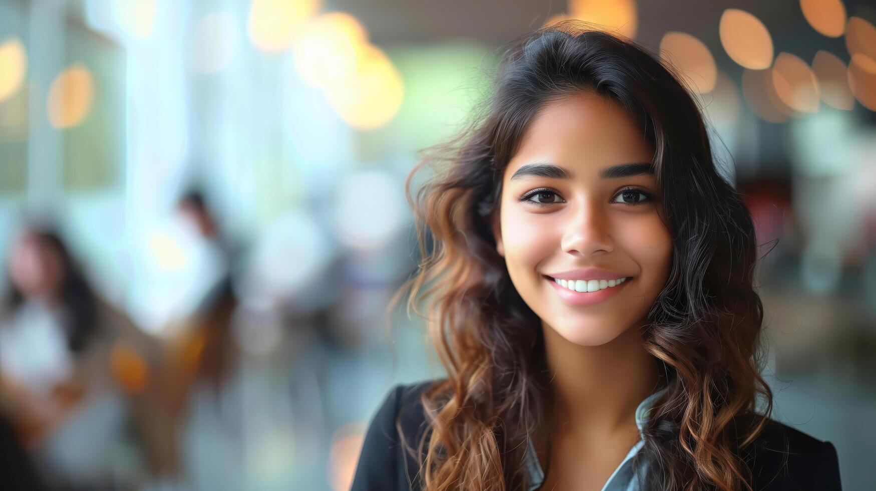 Young businesswoman is smiling in a modern office building with people working in the background photo