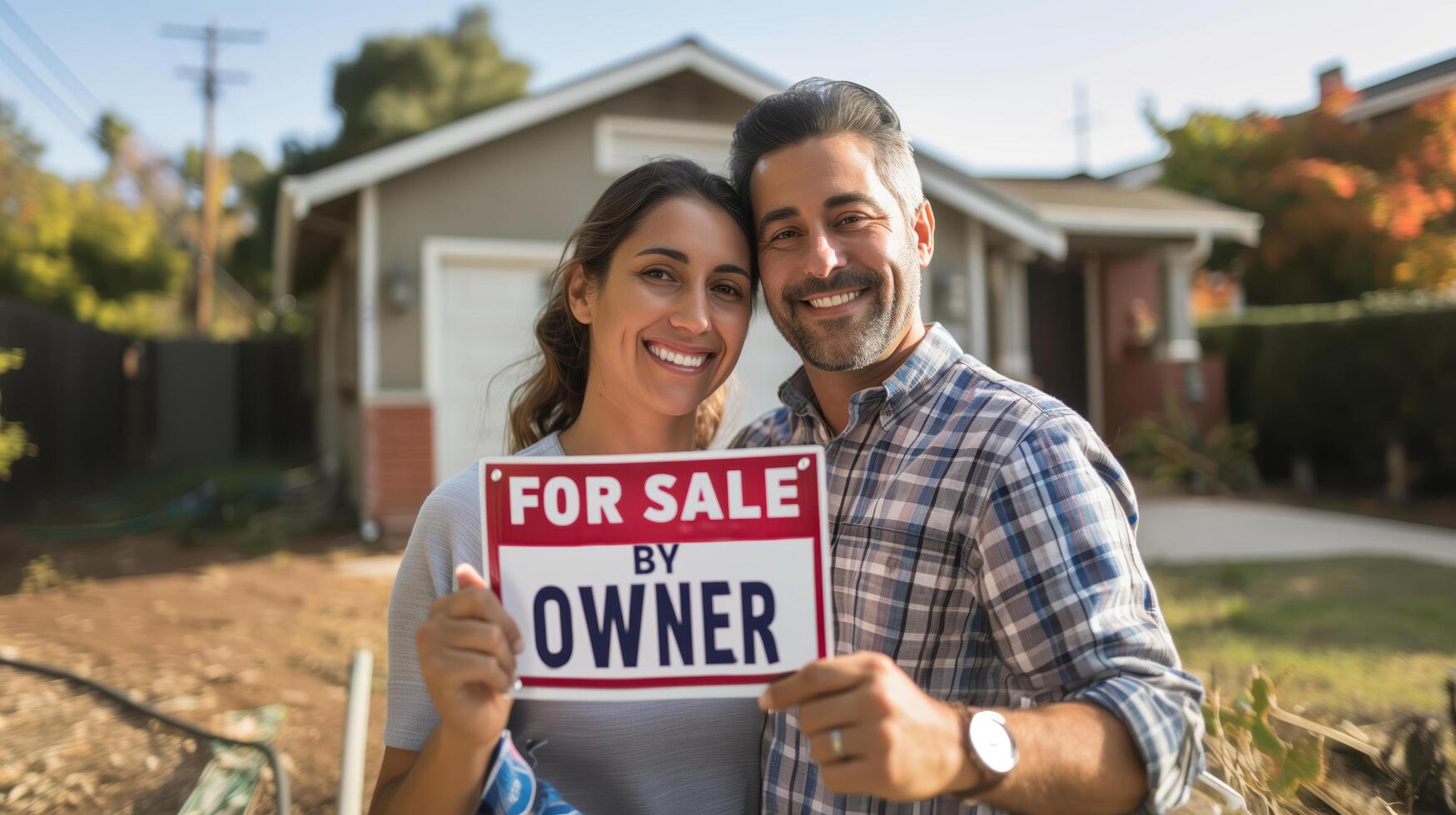 Homeowners gleefully posing with a for sale by owner sign in front of their home photo