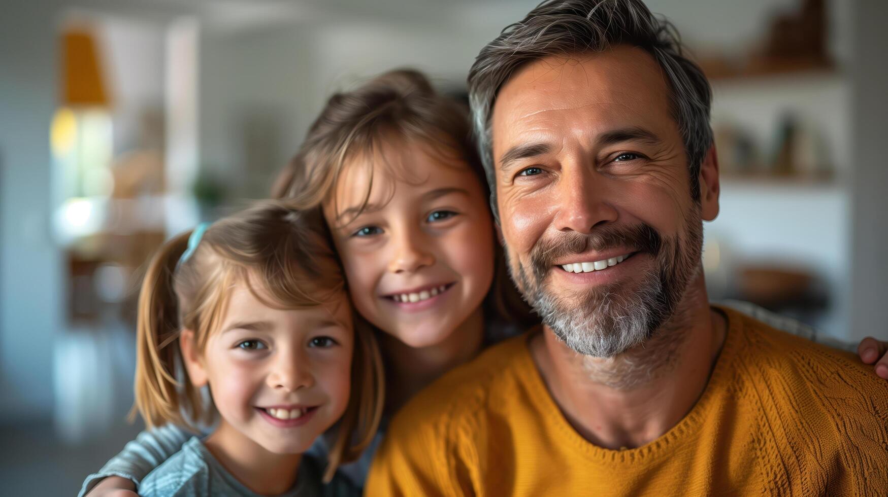 Father is sitting on a couch at home with his two daughters, hugging and smiling photo