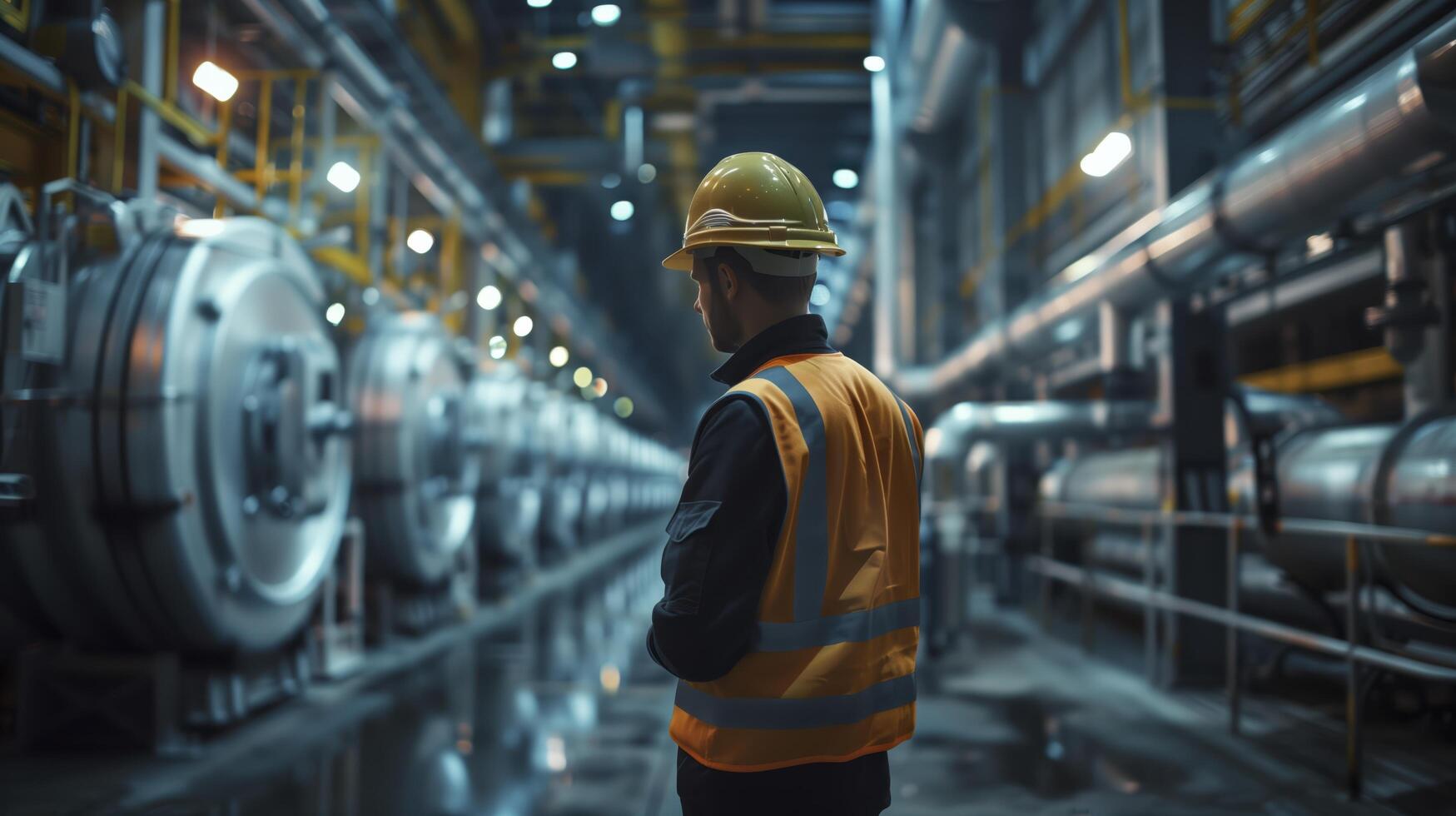 Industrial engineer oversees the production process in a factory, wearing a hard hat and safety vest photo