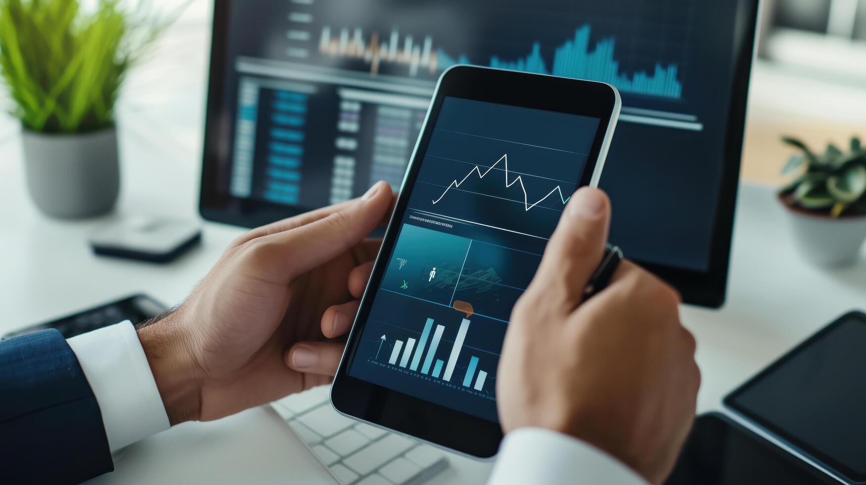 Stock market analyst is examining charts on a digital tablet displaying financial data photo