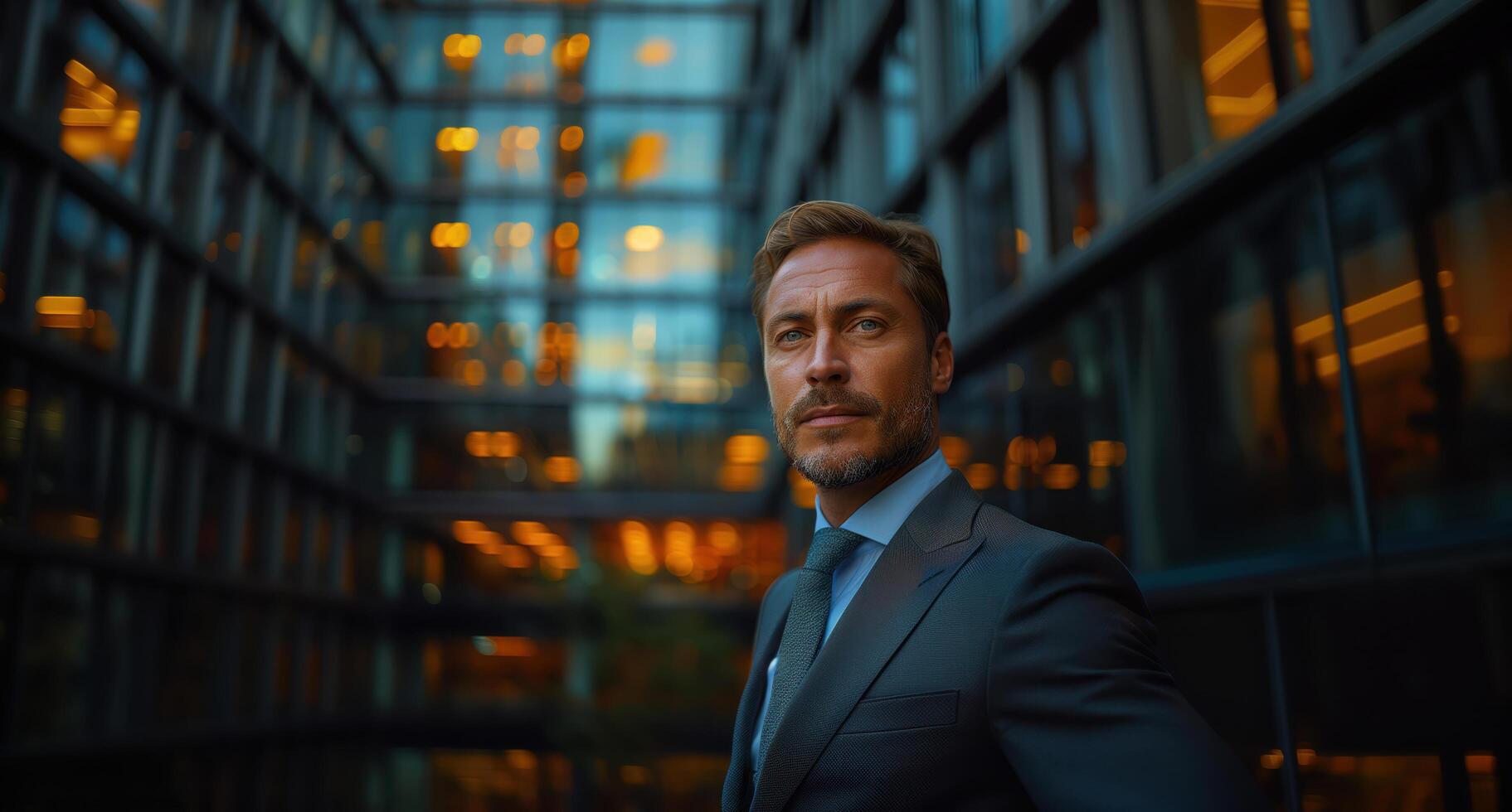 Confident executive standing in the downtown business district at night, encircled by brightly lit office towers photo