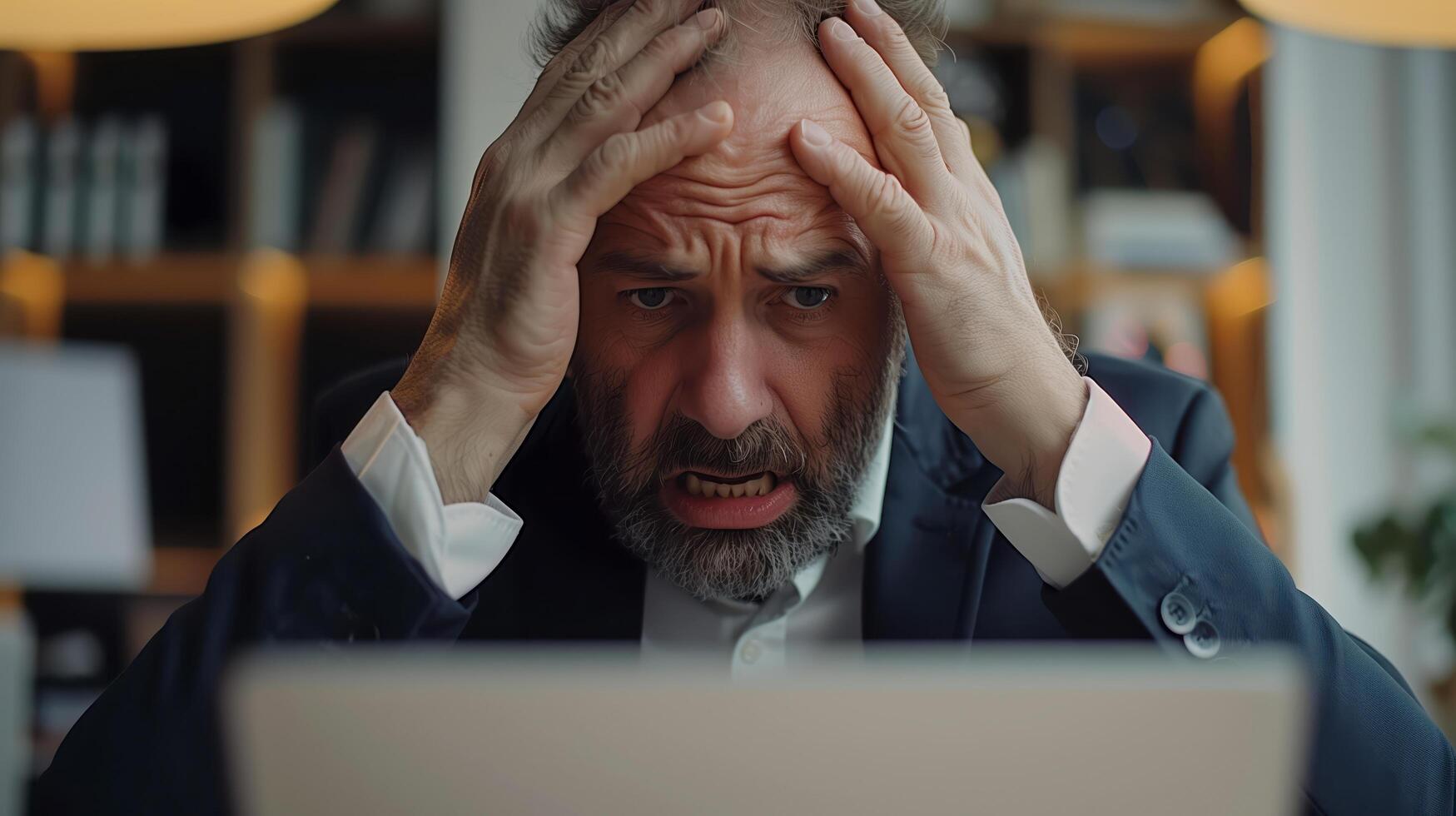 Stressed businessman holding his head while working on a laptop, experiencing a headache photo
