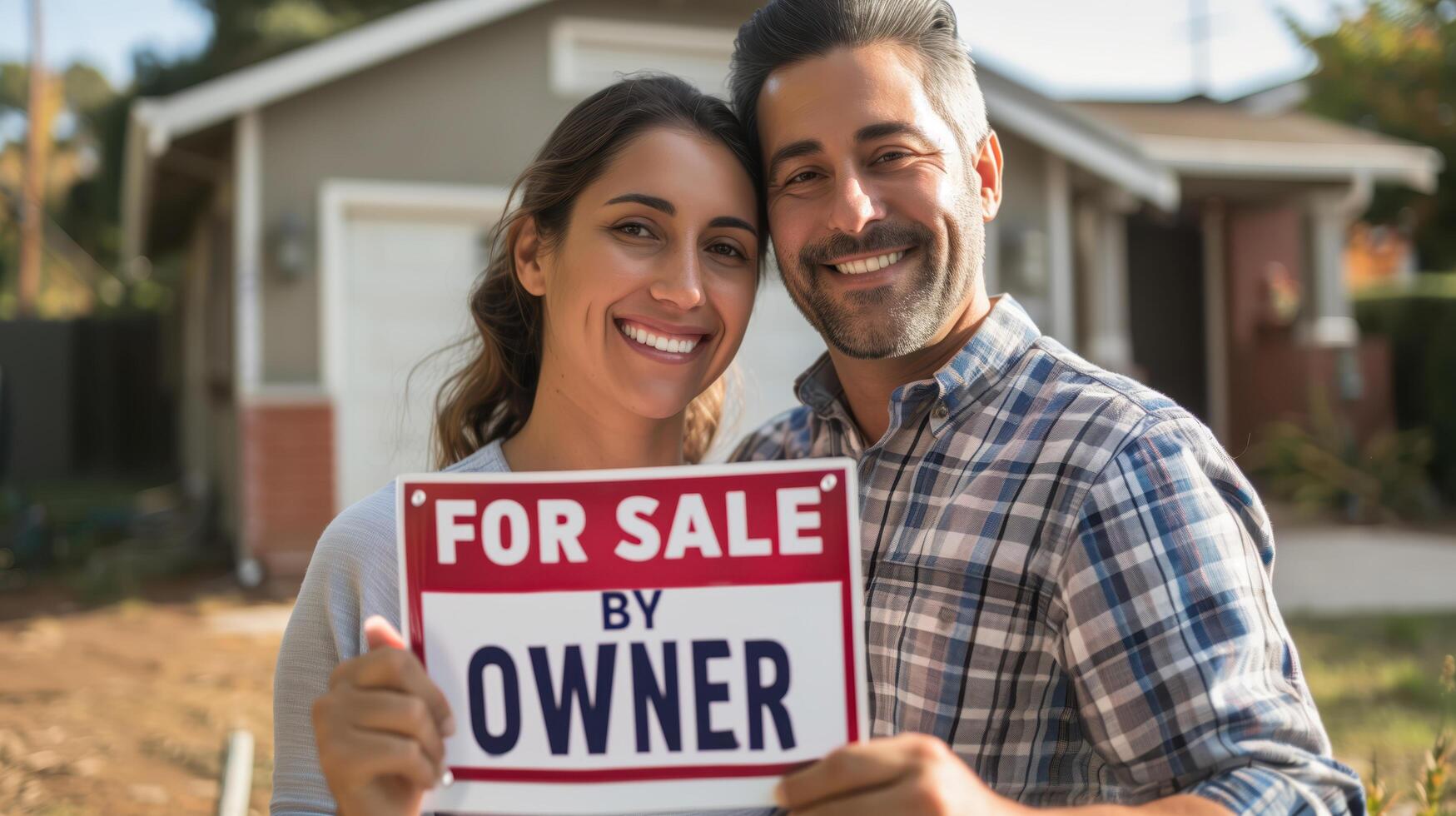 Excited couple smiling while holding for sale by owner sign, selling their home photo
