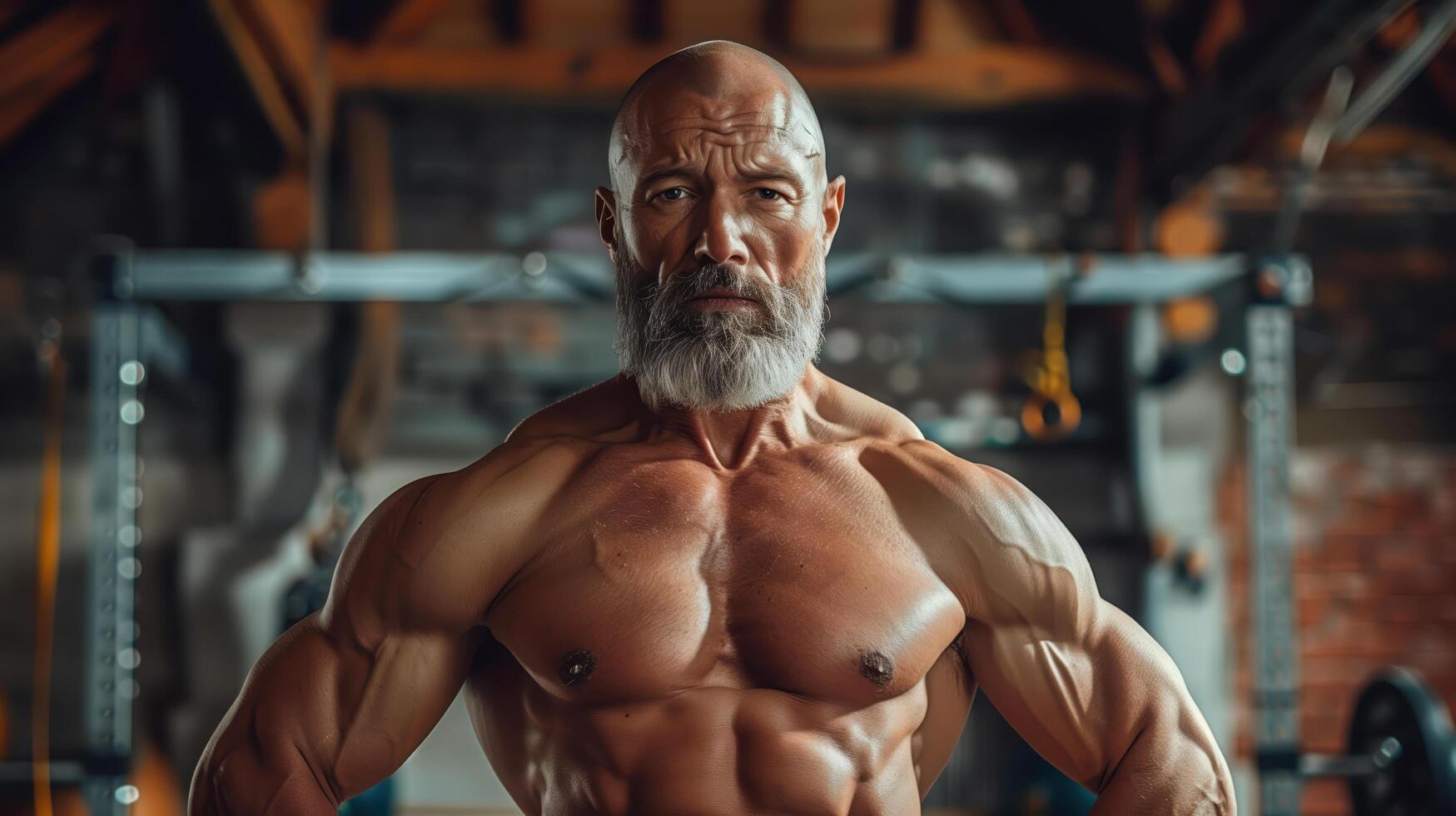 Determined senior man flexes muscles in the gym, inspiring others with his fit lifestyle photo