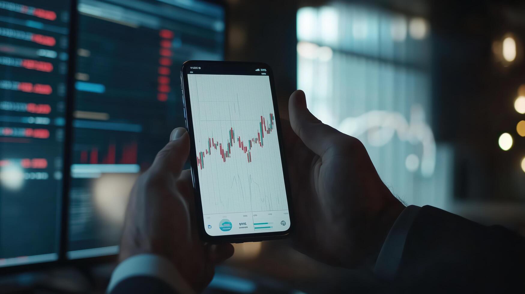Businessman using a smartphone to analyze stock market data on a trading app photo