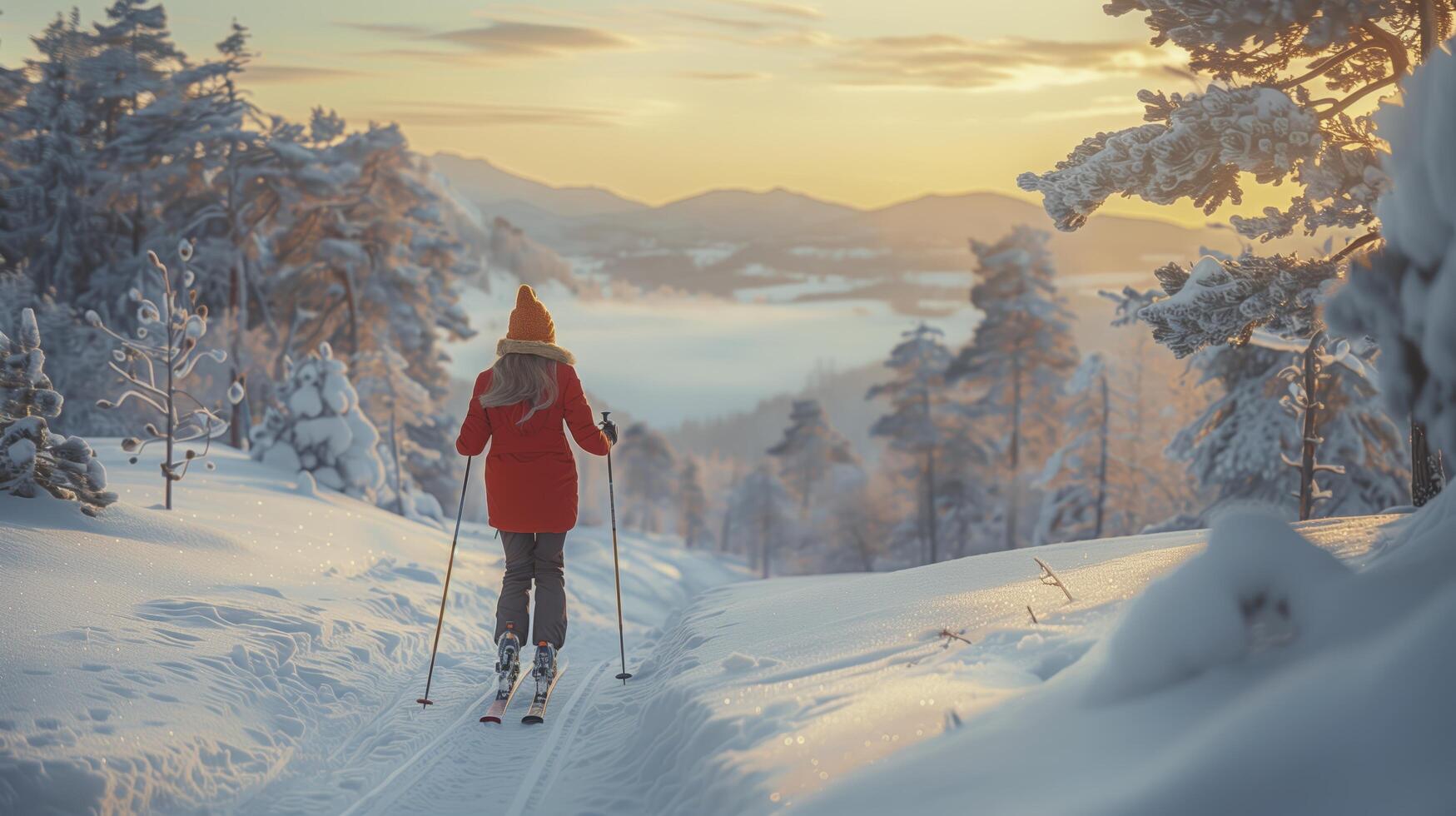 Cross-country skiing at sunset a young woman gliding through a snowy forest photo