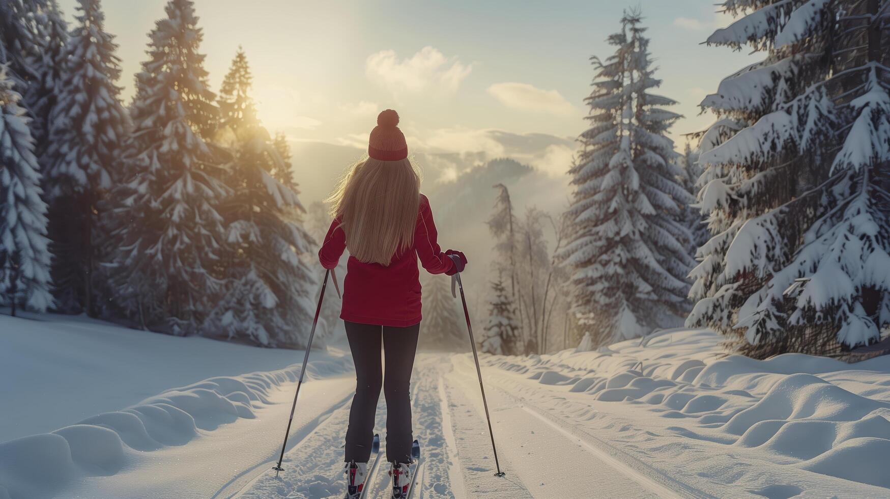 Woman is cross-country skiing through a snowy forest at sunset, enjoying the peace and quiet of nature photo