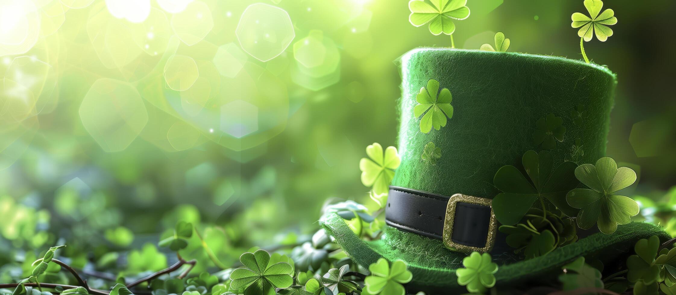 Leprechaun hat is laying on shamrocks with a blurry background with sparkling lights for a festive saint patrick's day atmosphere photo