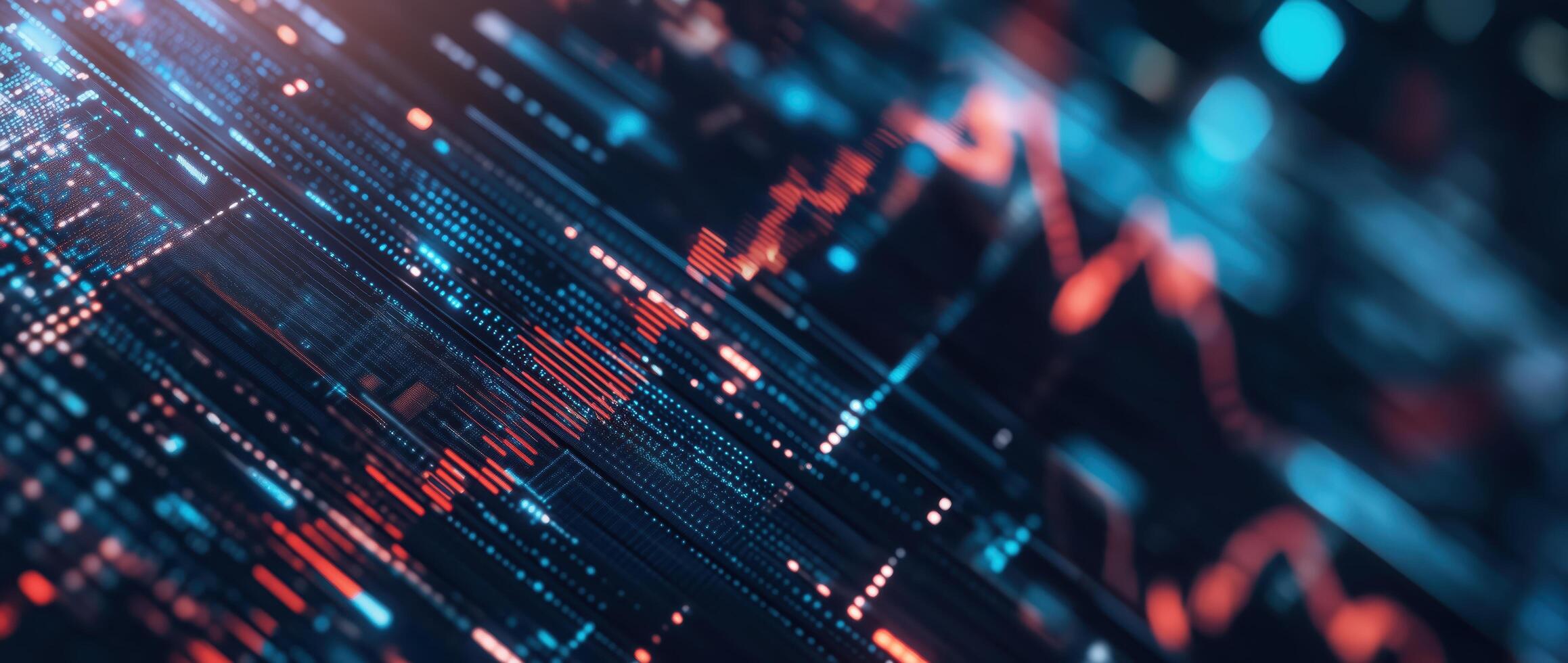 Digital data stream with financial charts and numbers depicting a growing economic trend in an abstract background photo
