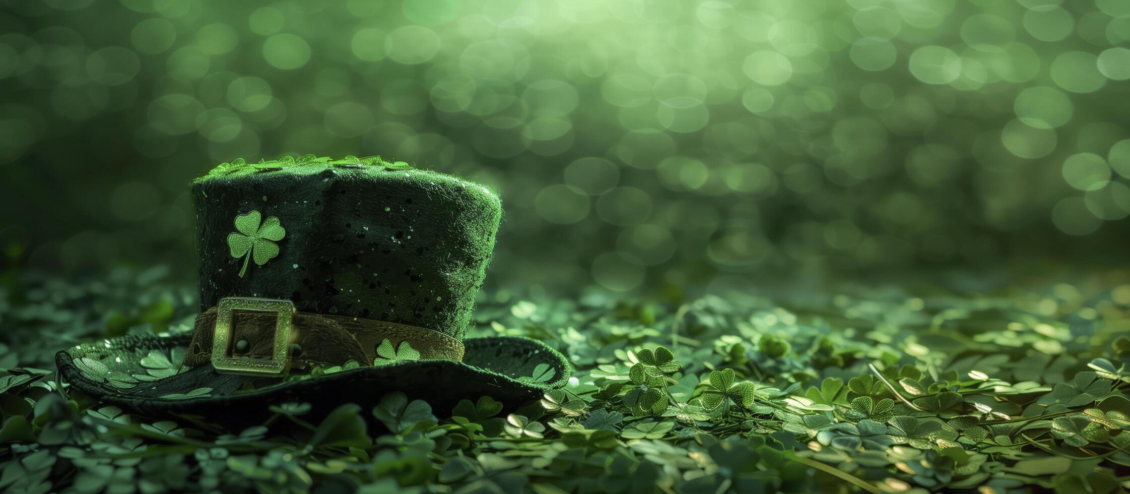 Get lucky with this vibrant image of a festive leprechaun hat and shamrocks on a green bokeh background, perfect for celebrating st. Patrick's day. photo