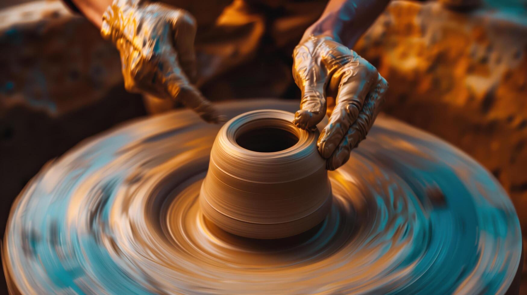 Potter shaping clay vase on pottery wheel with wet hands, spinning motion on the clay photo
