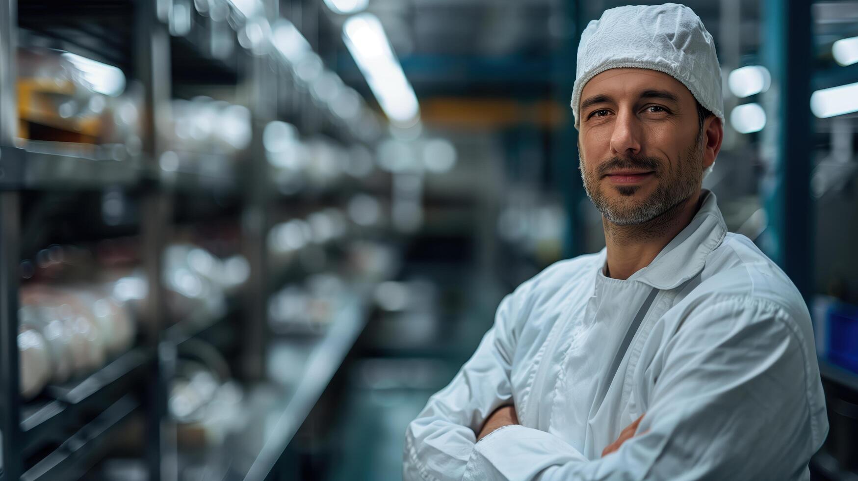 Smiling food factory worker in protective clothing posing with arms crossed in a factory facility photo