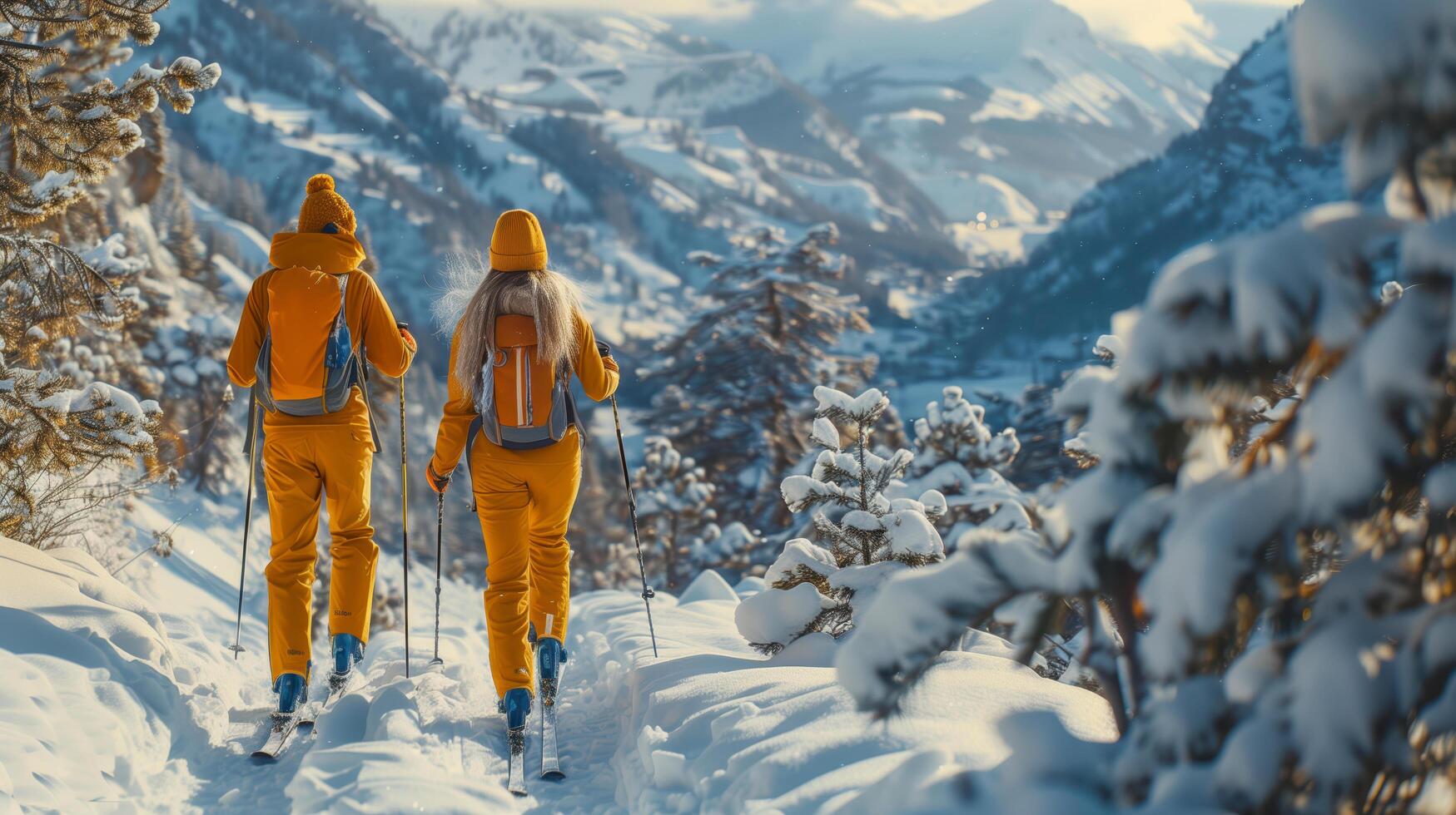 Two skiers ascend a snowy mountain, savoring the stunning winter landscape photo