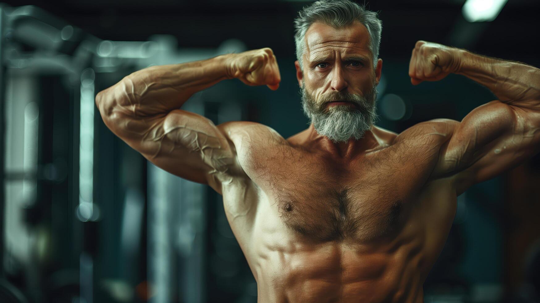 Strong, shirtless senior man with gray hair and beard is flexing his muscles in the gym photo