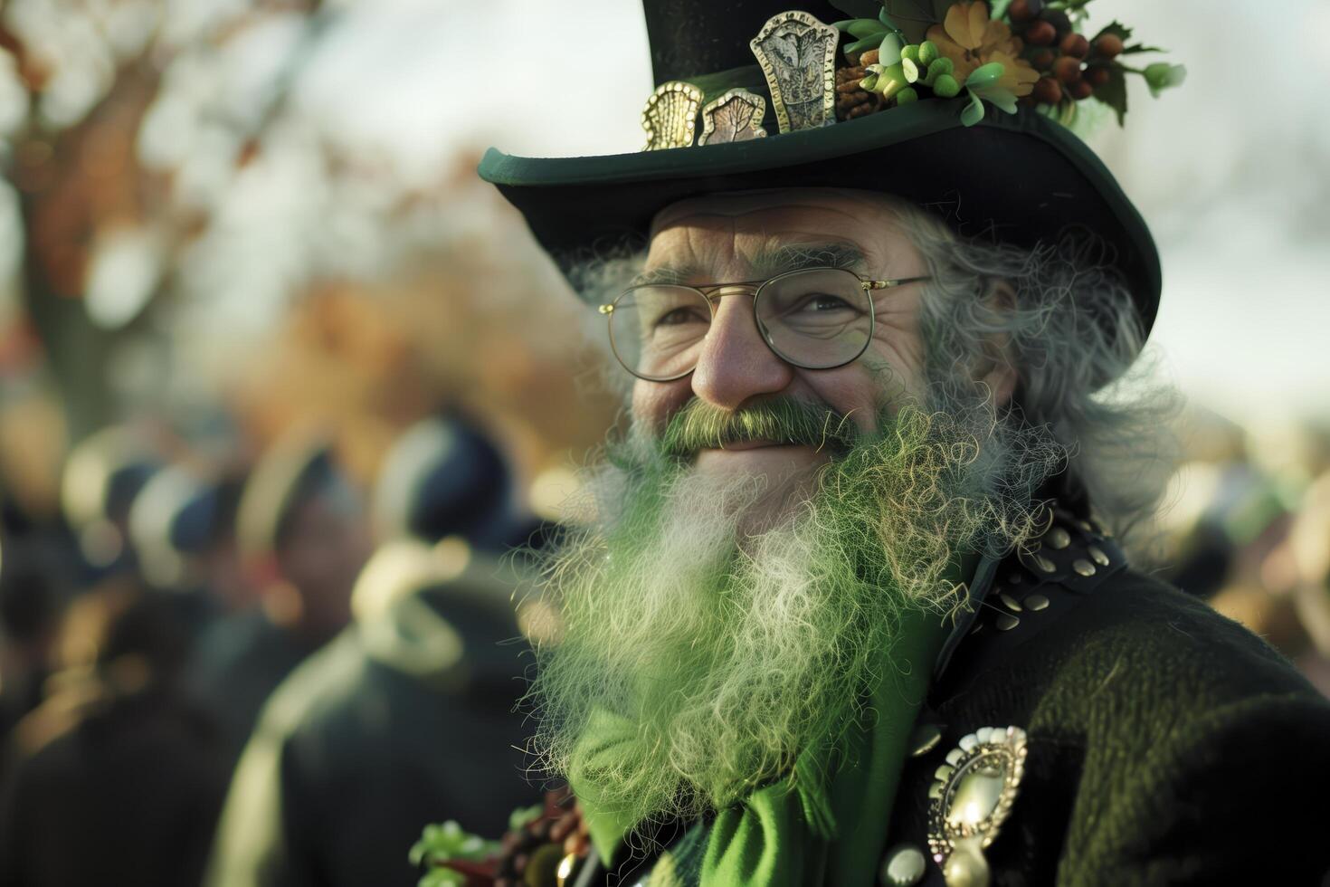 Joyful irish man with a green hat and beard celebrates st. Patrick's day at a festival, exuding the vibrant spirit of irish culture photo