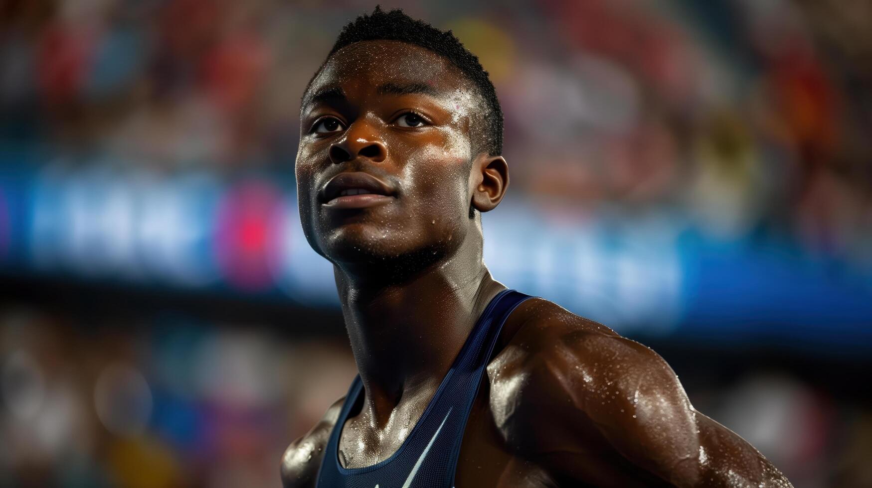 Tired athlete taking a moment to recover after giving his all in a track and field event photo