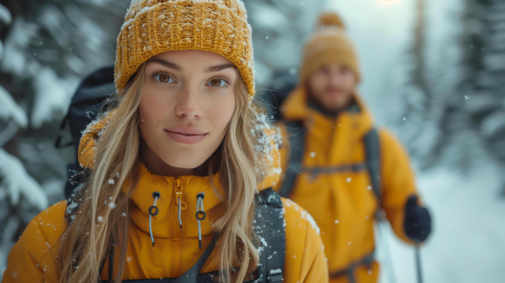 Exploring the winter wonderland a couple embraces adventure in a snowy forest landscape photo