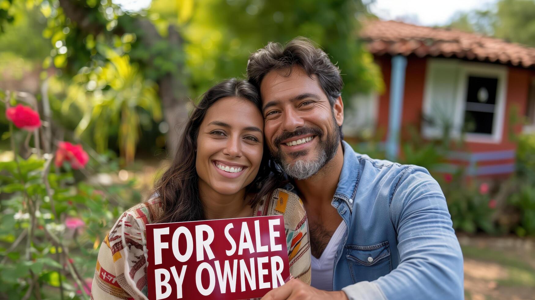 Young couple happily holding a for sale by owner sign in front of their home photo