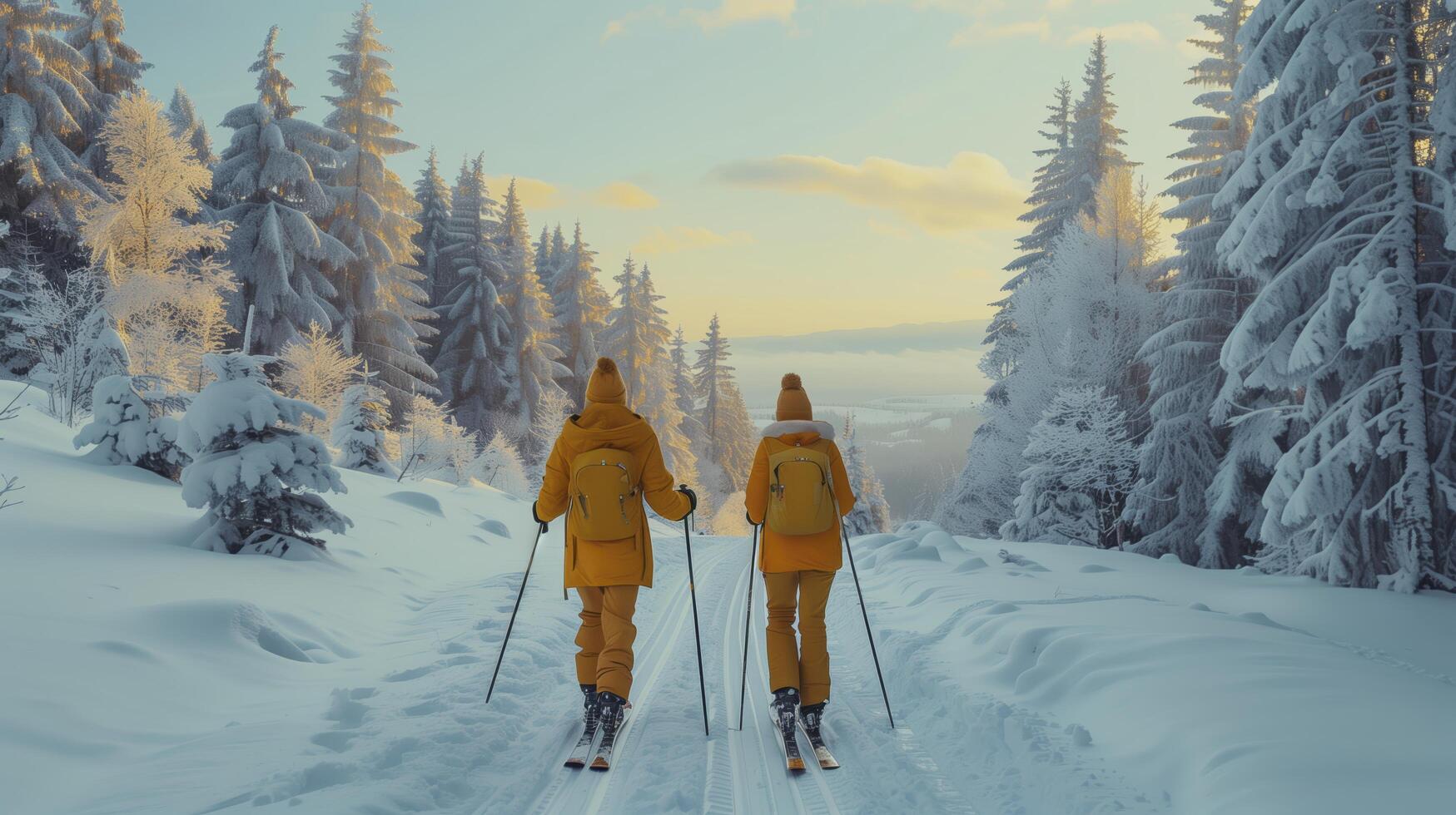 Two hikers in yellow attire savor the tranquility of nature as they trek and ski uphill on a snowy trail at sunset photo