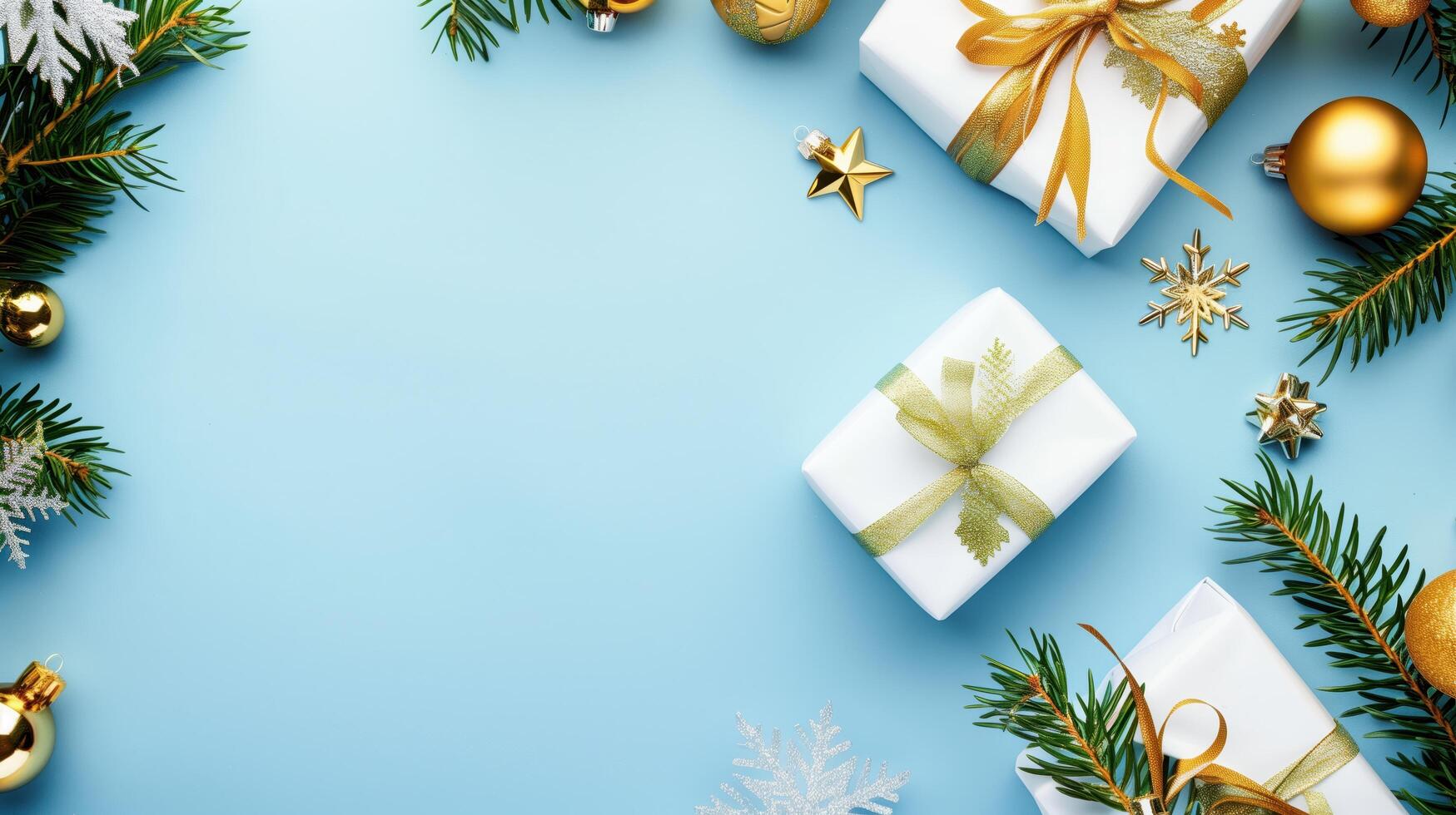 Christmas composition with gift boxes and fir branches forming a frame on a blue background, with copy space in the center photo
