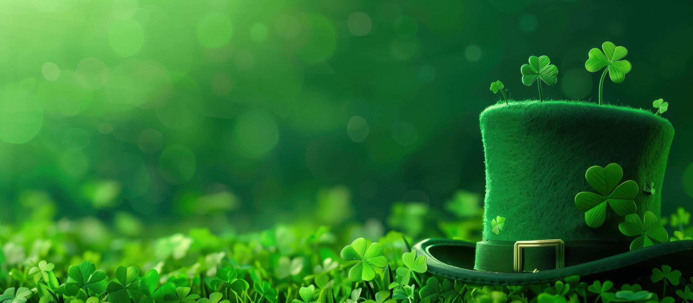 Green leprechaun hat with buckle lying on a patch of shamrocks with a bright green background photo
