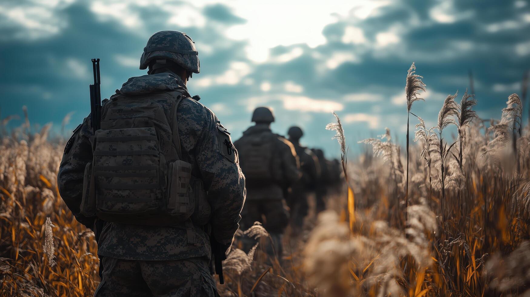 Soldiers on patrol through tall grass during a military operation at sunset photo