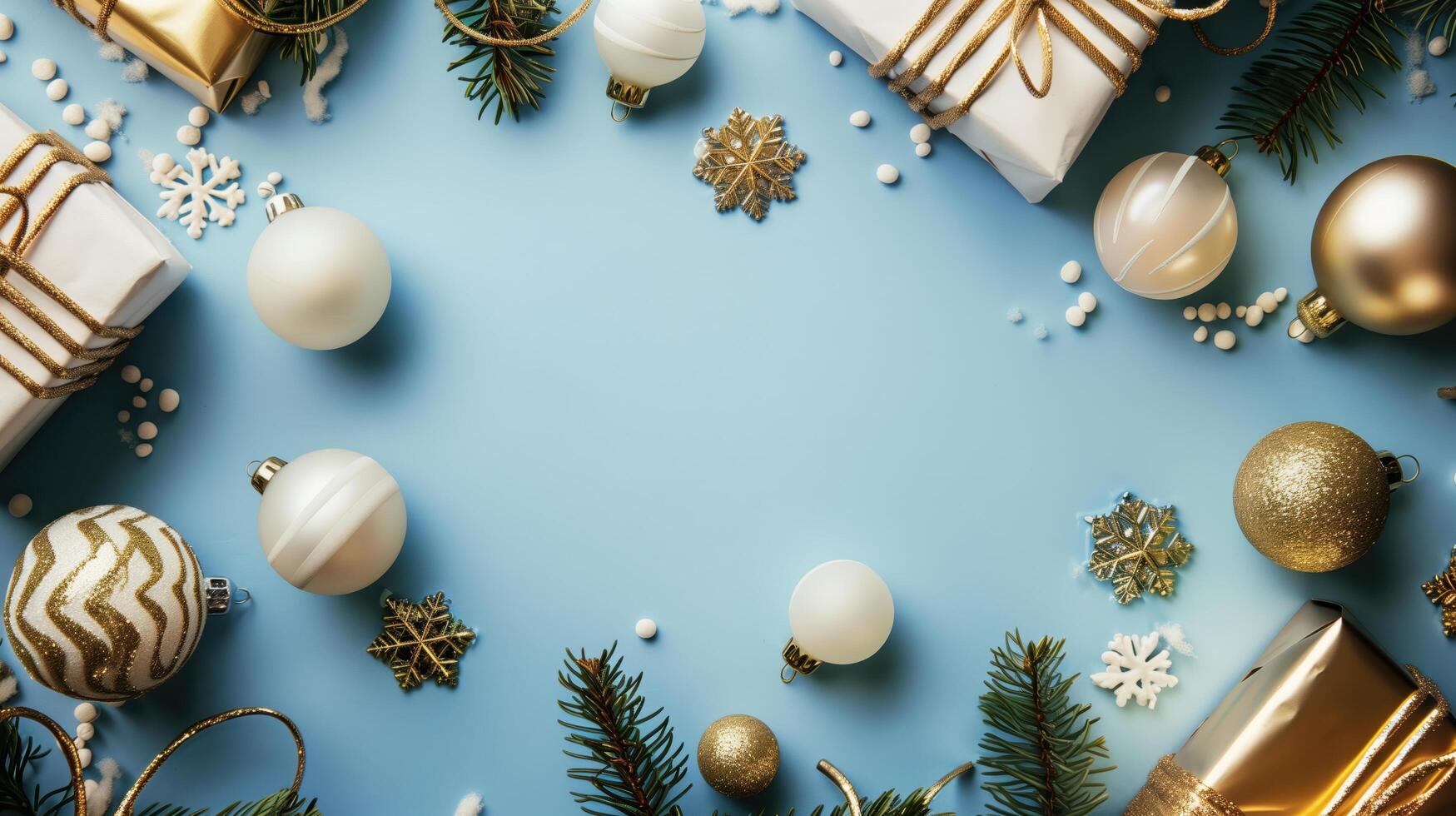 Christmas decoration with gifts and baubles forming a frame on a blue background with copy space photo