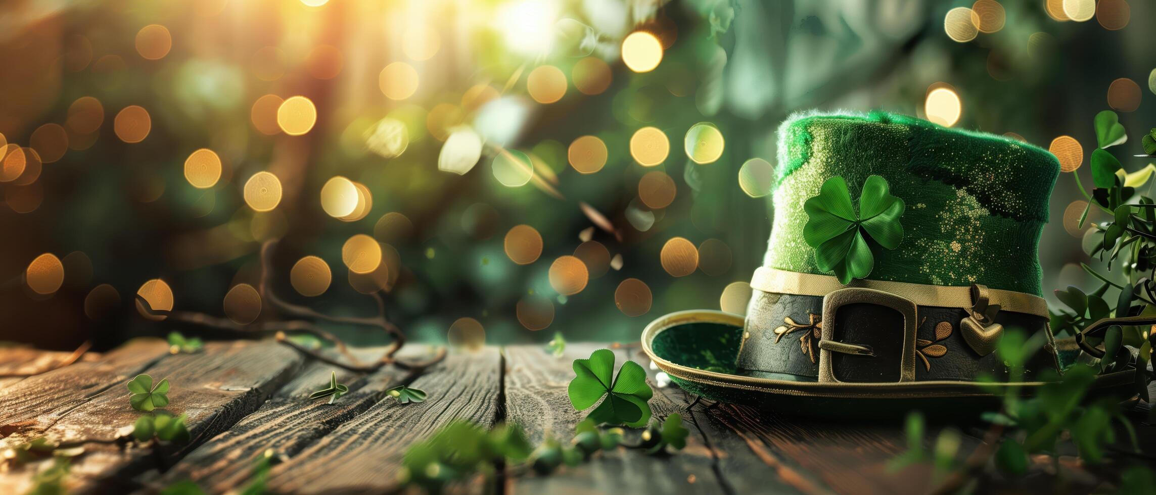 St patrick's day a leprechaun hat on a rustic wooden table surrounded by shamrocks and a shimmering green backdrop photo