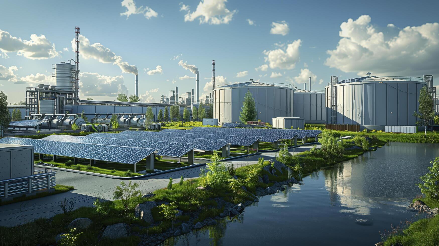 Industrial plant demonstrates commitment to sustainability by using solar panels to generate green energy photo