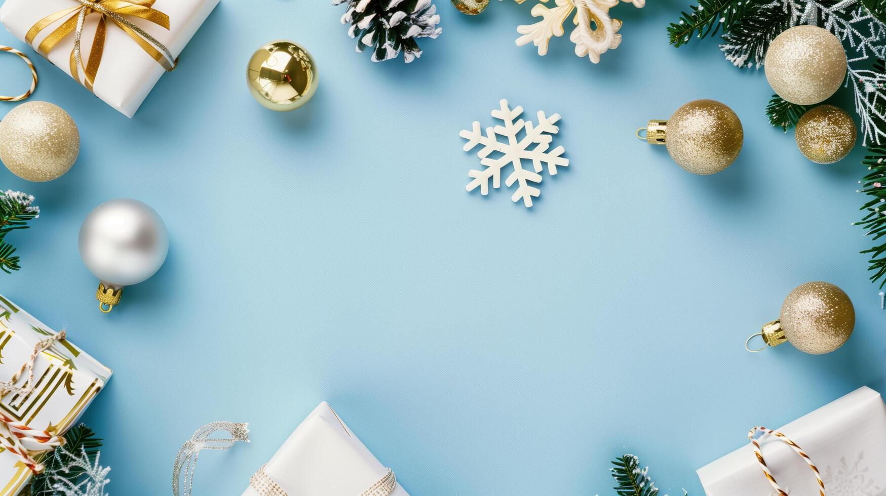 Framed christmas decorations on a pastel blue background with space for text photo
