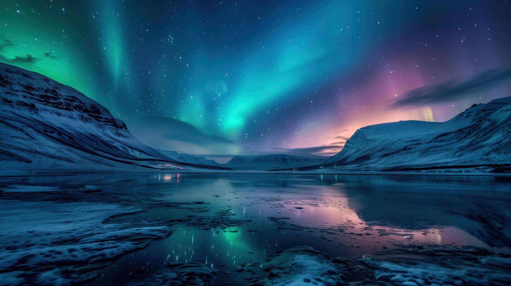Aurora borealis casting its reflection on a partially frozen lake, with snowy mountains and a village in the distance photo
