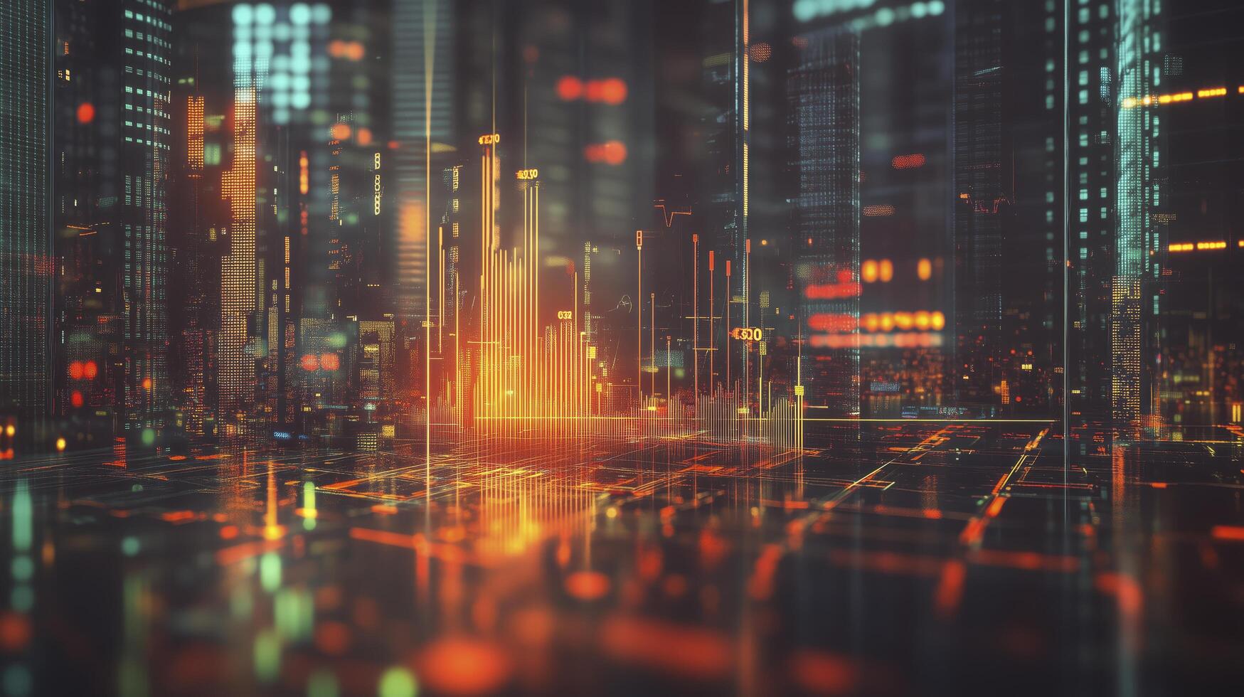 Futuristic cityscape at night with vibrant orange lights and data streaming, creating an abstract concept photo