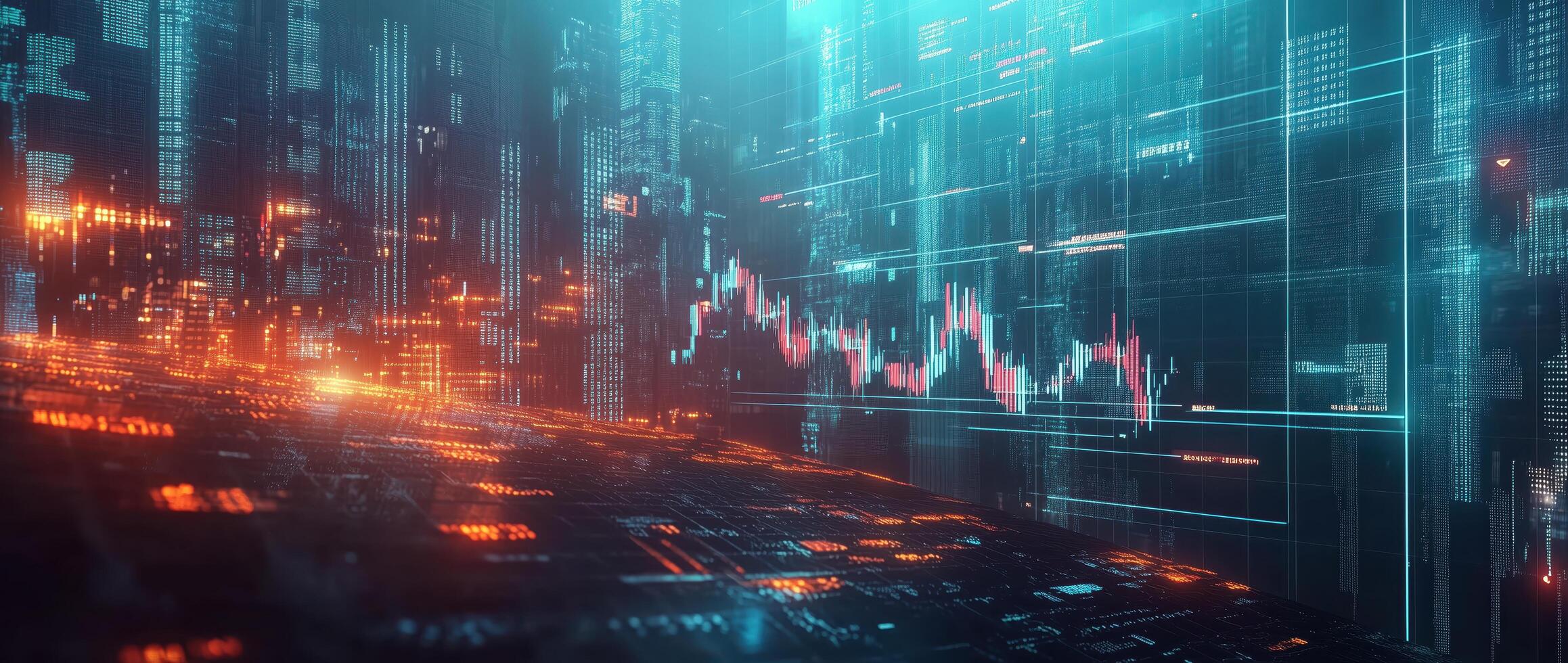 Dynamic stock market represented by a futuristic cityscape with glowing lights and digital data streams photo